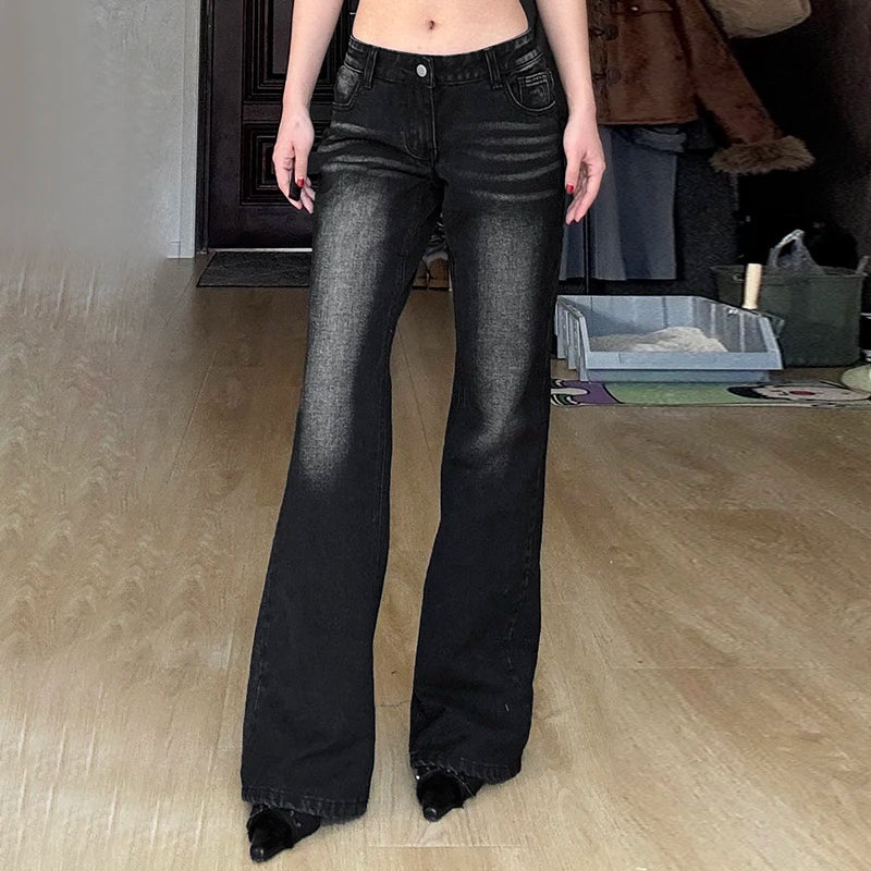 Aiertu  -  Y2K Dark Gray Washed Flare Jeans Women Grunge Aesthetic Slim Boot Cut Denim Pants Vintage 2000s Casual Trousers Basic Aiertu