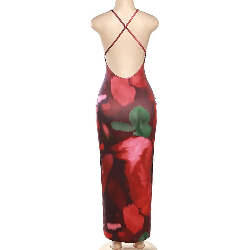 Aiertu  -  Spaghetti Strap Deep V Neck Lace Sleeveless Print Backless Maxi Hip Dress Spring Summer Y2K Street Trendsetter Vestidos Aiertu