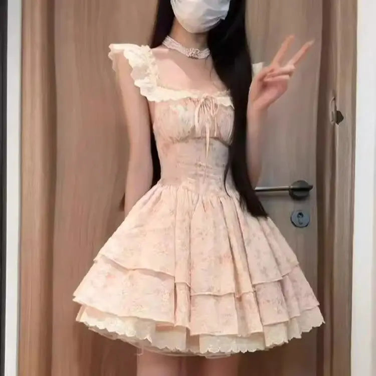 Aiertu  -  Hot Girl Lace Flying Sleeve Floral Dress for Women's Summer Slim Fit Square Collar A-line Short Dress Fashion Female Clothes Aiertu