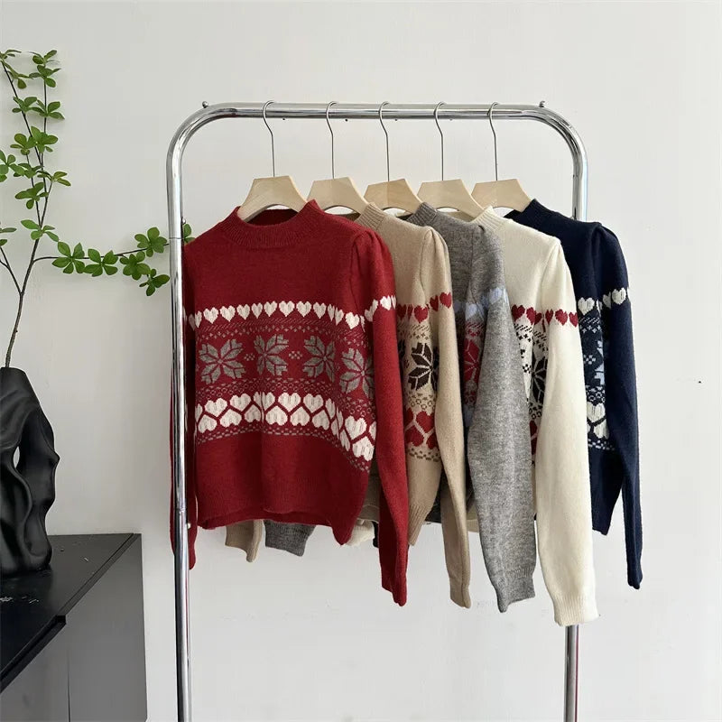 Aiertu  -  Vintage  Fair Isle Crew Neck Jumper Heart Pattern Knitted Pullovers Christmas Sweater Holiday Knitwear Autumn Women Outerwear Aiertu