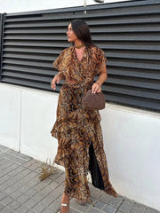 Aiertu  -  Women Fashion Printed Hollow Waist Split Midi Dress Elegant Irregular Ruffle Hem Short Sleeve Dresses 2026 Lady High Street Robe Aiertu