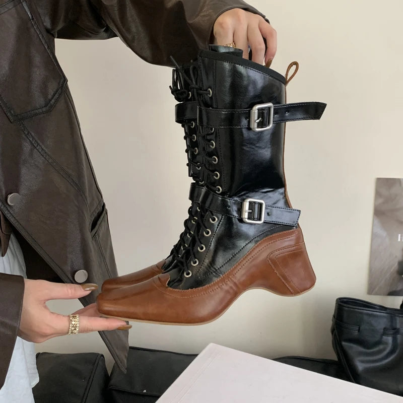Aiertu    -  Yellow Cowboy Boots Women Lace Up Belt Buckle Block Heels Mid-calf Western Boots Autumn Vintage Designer Shoes Black Botas Mujer Aiertu