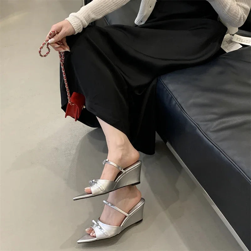 Aiertu  -   Summer Designer Wedges Slippers Women Pointed Toe Thin Low Heels Party Ladies Slide Shoes Zapatos De Mujer Aiertu