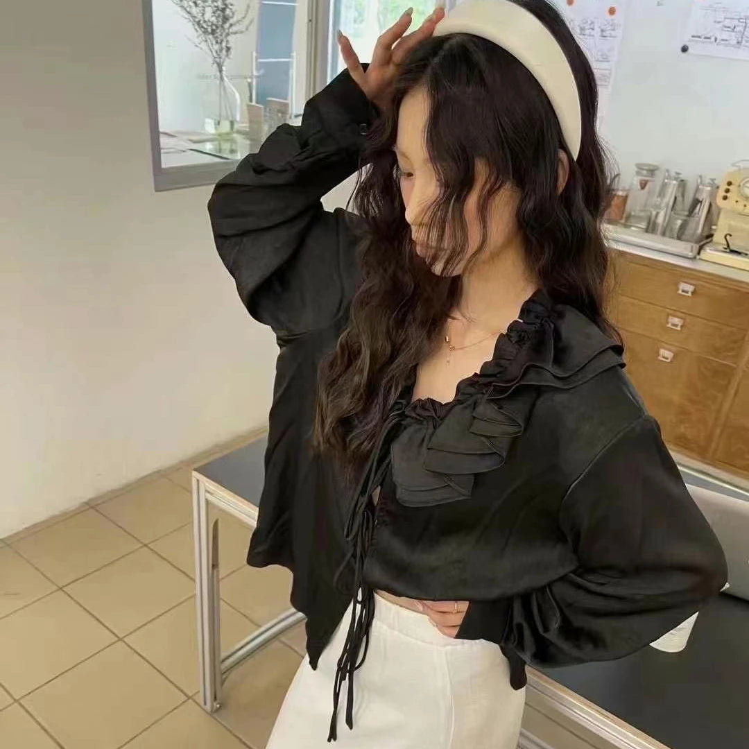Aiertu  -  V Neck Ruffled Streetwear Oversized Women Sexy Bandage Solid Vintage Blouse Harajuku Tops Y2k Aesthetic Pleated Autumn Shirt Aiertu