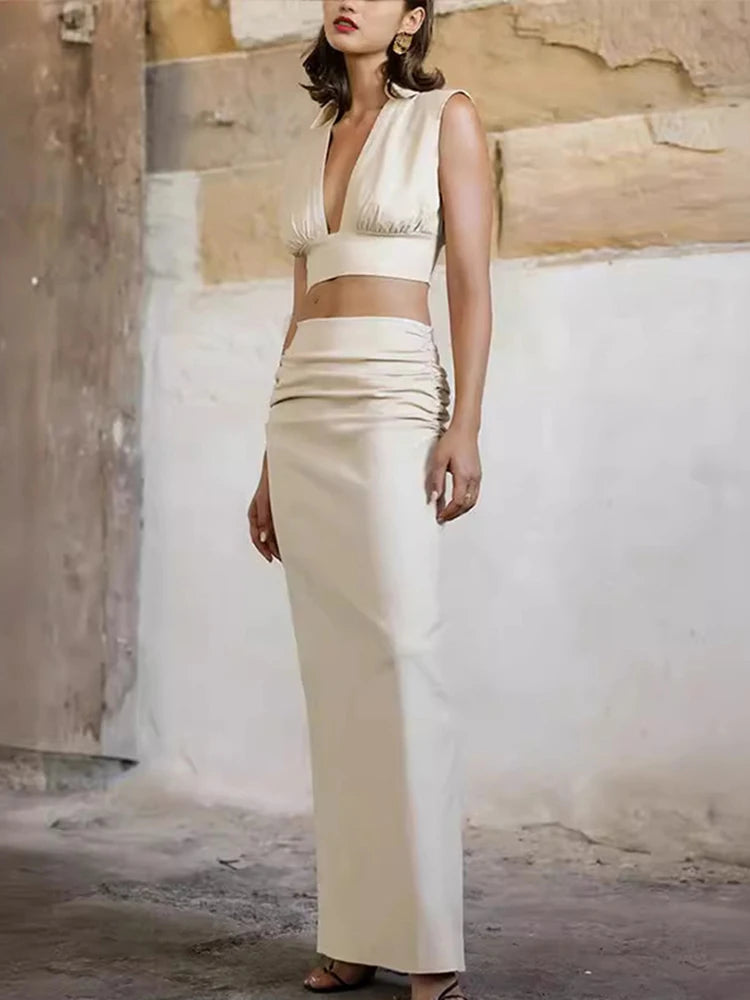 Aiertu  -  Women Sleeveless Lapel Deep V Top Skirt Suit Back Slit Maxi Dress Sexy Khaki High-waisted Casual Skirt 2026 Summer New Aiertu