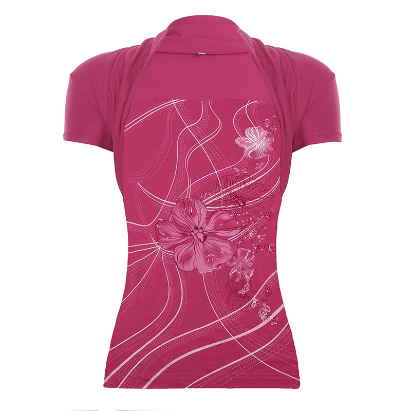 Aiertu  -  -Aiertu  -  -  Floral Print Square Collar Top Pink Coquette Aesthetic Slimming Short Sleeve T-shirt Chic Elegant Tees Streetwear Retro Aiertu