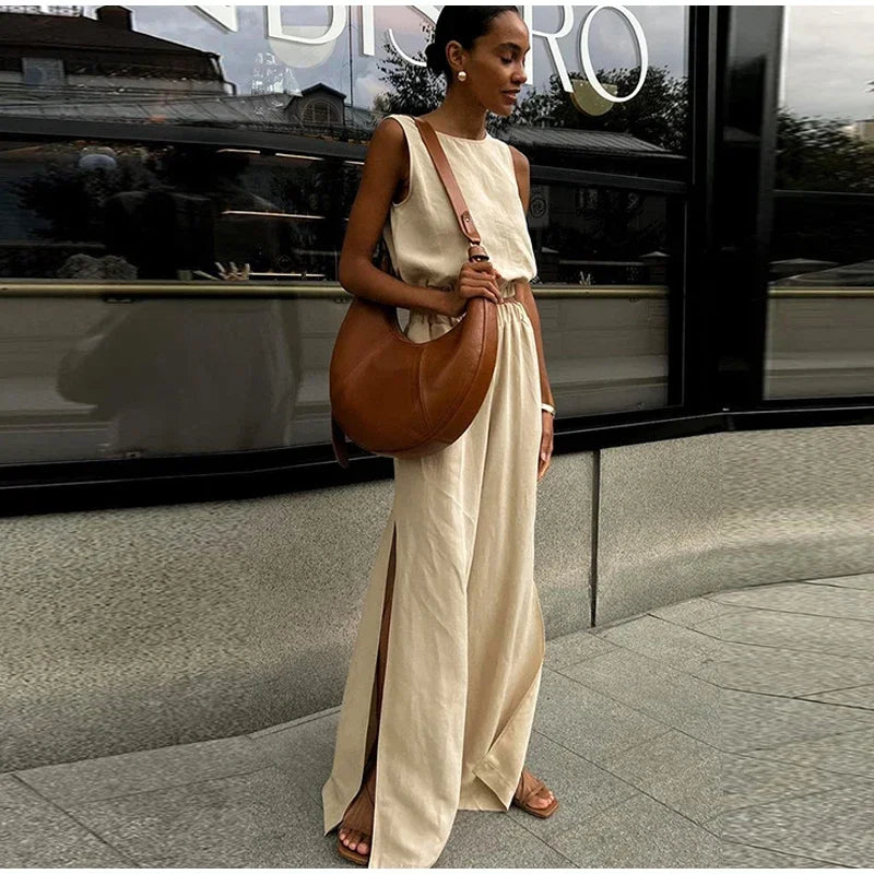 Aiertu  -  Elegant Solid Vest Pants Set Women O-neck Sleeveless Tops High Waist Side Split Trousers 2026 Summer Fashion Lady Office Outfit Aiertu