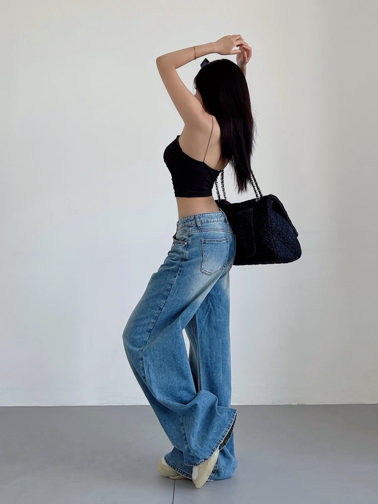 Aiertu Denim Blue Washed Low Rise Straight Leg Jeans Pants Aiertu