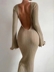 Aiertu  -  Women's Backless Knitted Maxi Dress Elegant Long Sleeve Slim Mermaid Dress Solid Bodycon Lady High Streetwear Party Female Robes Aiertu