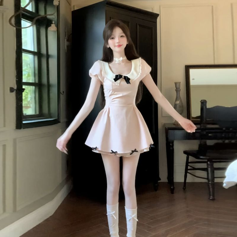 Aiertu  College Style Sweet and Cute Dress for Women with Summer Bow Puff Sleeves A-line Princess Skirt Aiertu