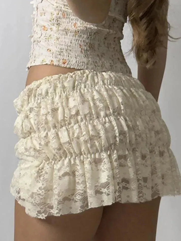 Aiertu  -Lace Ruched Low-Rise Double-Layer Mini Skirt aiertu