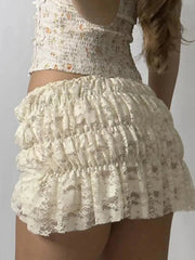 Aiertu  -Lace Ruched Low-Rise Double-Layer Mini Skirt aiertu