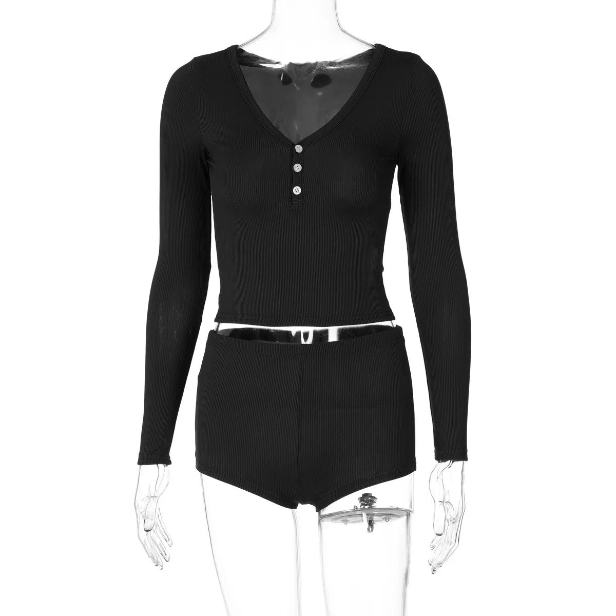 Aiertu  -  Homewear Two Piece Outfits for Woman Spring Summer Long Sleeve Button Crop T-shirt+Elastic Waist Mini Shorts Casual Suits Aiertu
