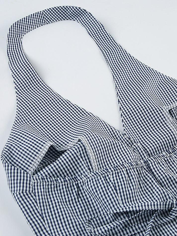 Aiertu  -  Contrast Halter Tie Backless Plaid Cami Top Aiertu