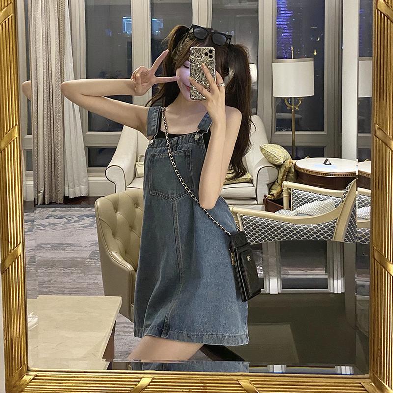 Aiertu Korean 2000s Fashion Denim Dresses for Large Women Plus Size Summer Casual Teen Strap Retro Jeans Loose Overall Dress Women Aiertu