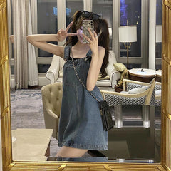 Aiertu Korean 2000s Fashion Denim Dresses for Large Women Plus Size Summer Casual Teen Strap Retro Jeans Loose Overall Dress Women Aiertu