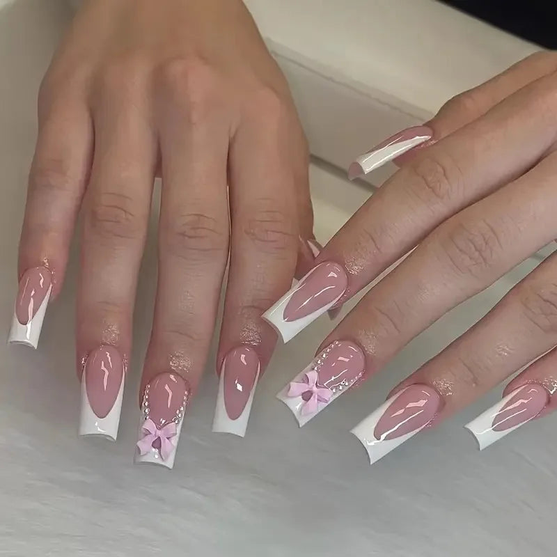 Aiertu Pink French Style Fake Nails 3D Bowknot Designs Short Square Press on Nails Sweet Korean Fashion False Nails for Women and Girls Aiertu