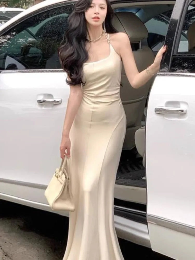 Aiertu  -  Knitted Neck-mounted Slim Dresses for Women Summer New Elegant Fashions Sleeveless Long Dress Evening Party Female Clothing Aiertu