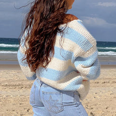 Aiertu  -  Women Striped Chunky Knitted Sweater Drop Shoulder Long Sleeve V-Neck Oversized Sweater Pullover Vintage Loose Knit Jumper Tops Aiertu