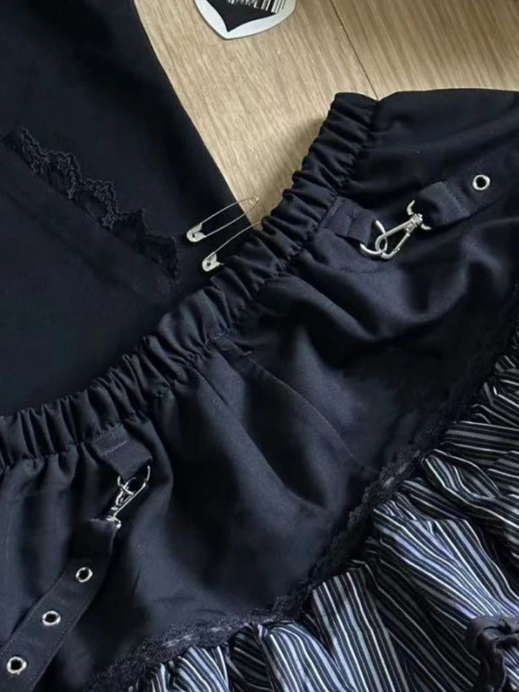 Aiertu  -  Harajuku Girls Stripe Punk Grunge Skirts Women Y2k Aesthetic High Waist Cake Mini Streetwear Lace Vintage Kawaii Mini Jupe Aiertu