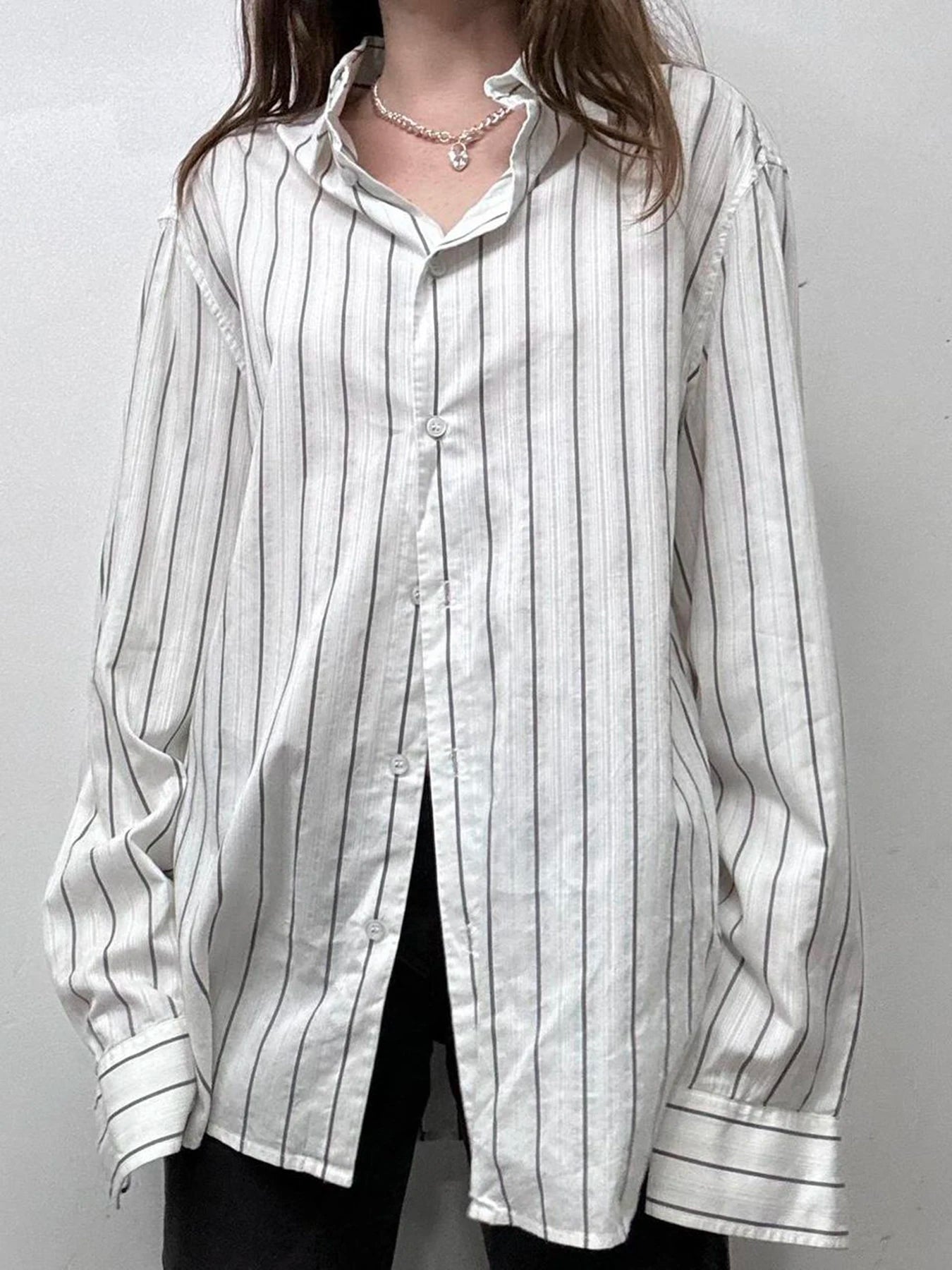 Aiertu  Striped Print Loose Shirt for Women Casual Single-breasted Oversized Blouses Streetwear Fashion Turn-down Neck Top Aiertu