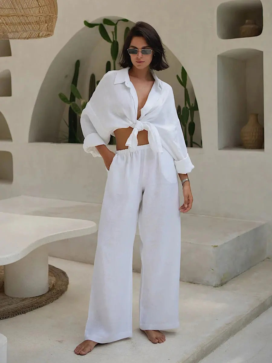 Aiertu  -  6-Colours 2pcs Casual Suit Women Clothing Loose Chic Polo Neck Long Sleeve Shirt Pants Suit Ladies Festival Outfit Aiertu