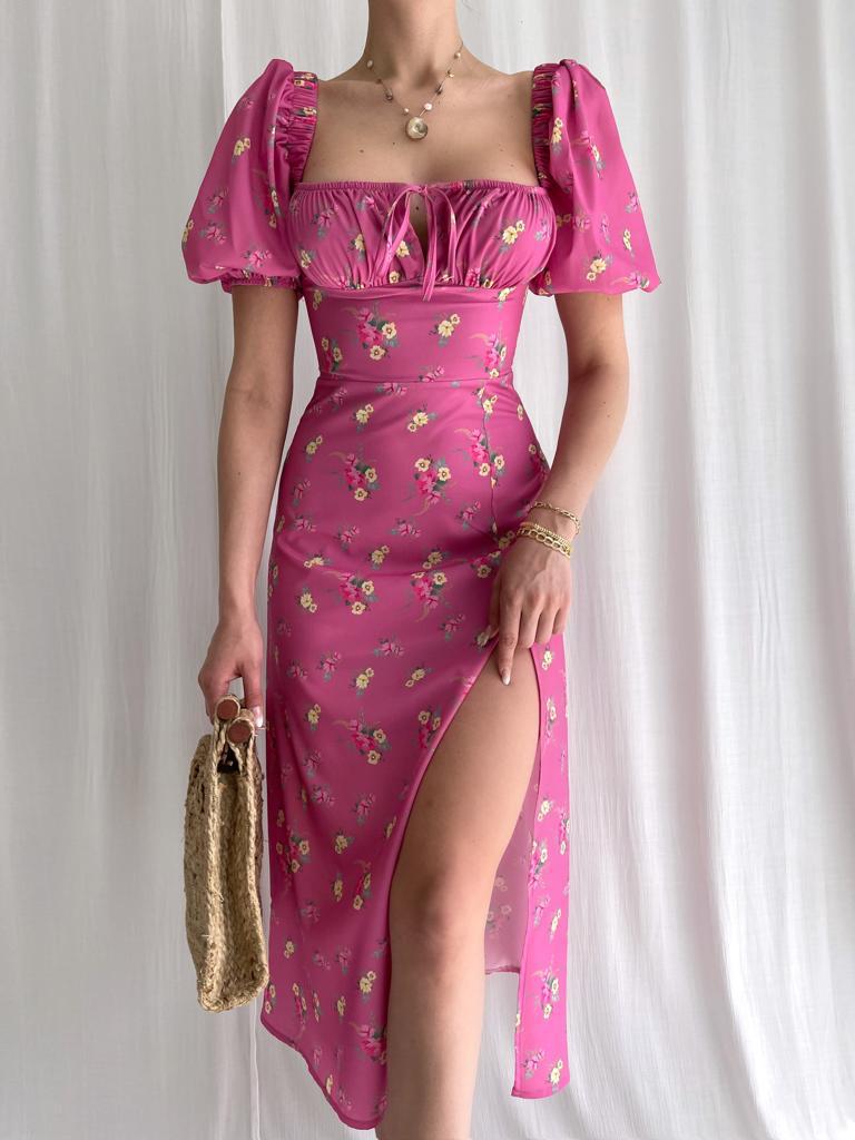Aiertu - Puff Sleeve Floral Fields Maxi Dress Aiertu
