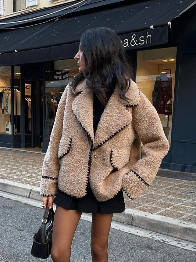 Aiertu  -  Women Contrasting One Button Lamb Woolen Coat Fashion Lapel Long Sleeves Short Plush Jacket Autumn Casual Lady Street Outwear Aiertu