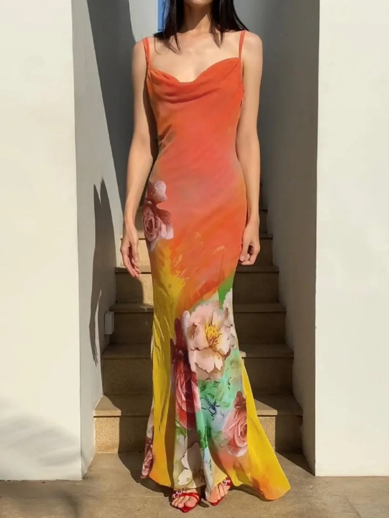 Aiertu  -  2026 Summer Sexy Backless Flower Printed Long Slip Dress Streetwear Women's Sleeveless High Waist Bodycon Holiday Party Dresses Aiertu