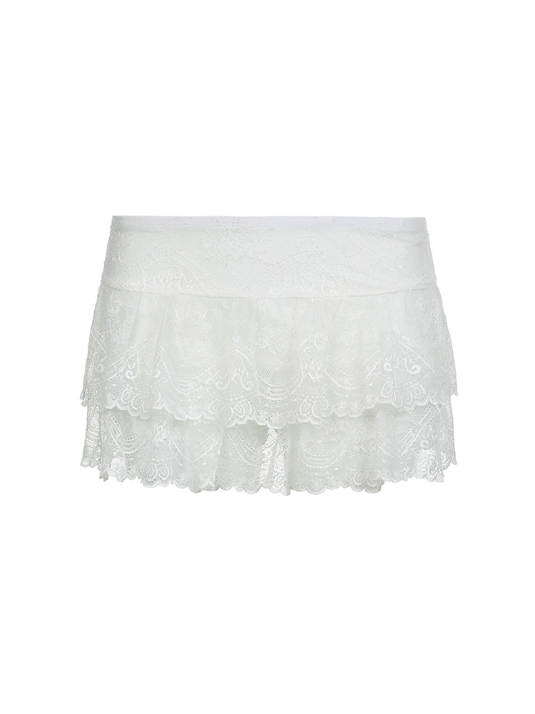 Aiertu - summer inspo Black Solid Low Waist Tiered Lace Shorts Skirts Womens White Fairycore Micro Boho Skirt Aiertu