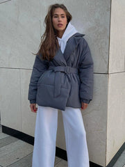 Aiertu  -  Fall Winter Thickened Lapel Cotton Jackets Coat For Women Solid Color Lace Up Waist-Cinching Casual Cotton-Padded Jacket Aiertu