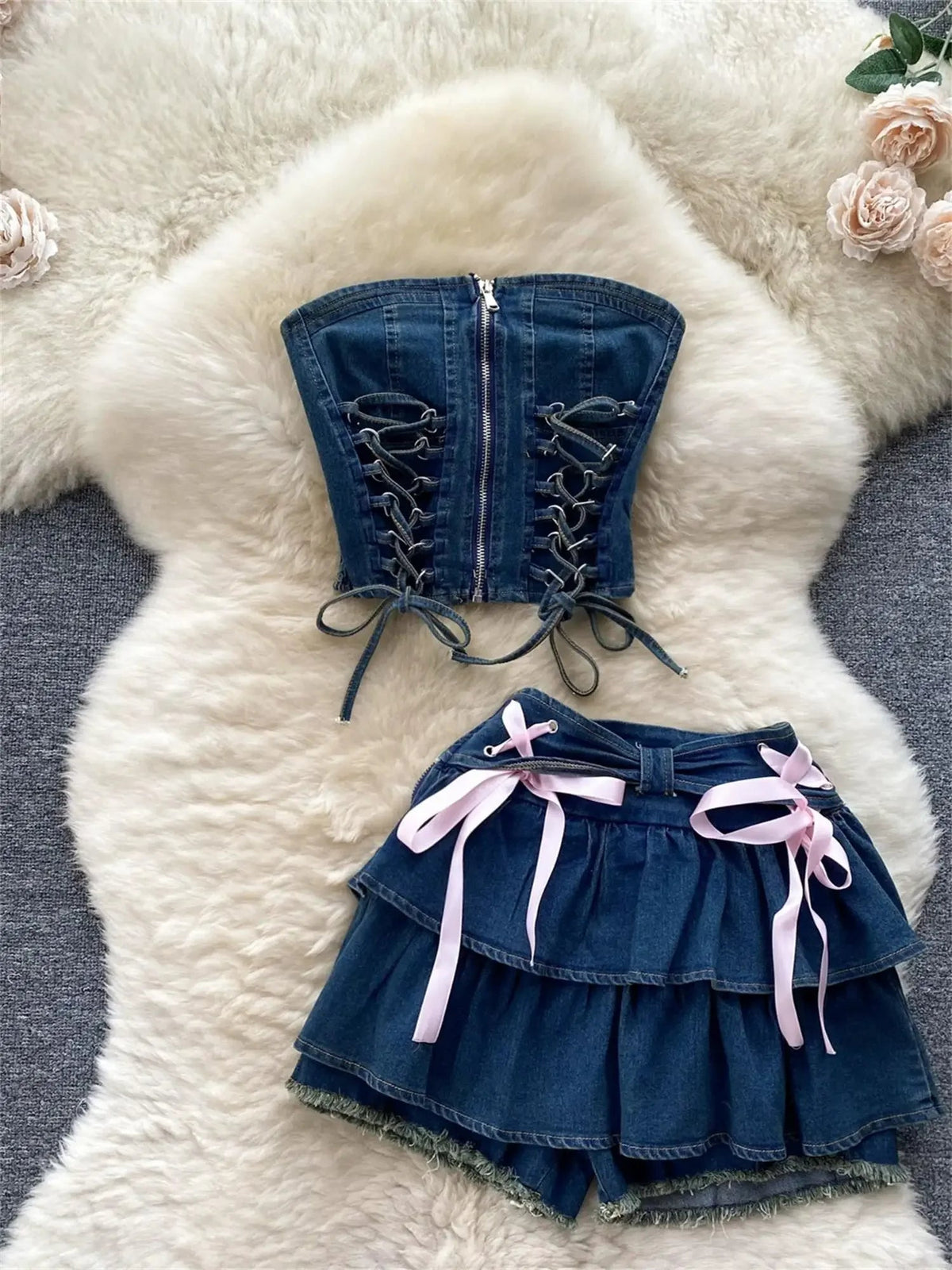 Aiertu  -  Y2K Sexy Mini Skirt Denim Tie Cross Bow Bandage Cape+denim Two-piece Zipper Strapless Tube Top Streetwear Set Aiertu