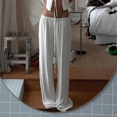 Aiertu  Casual Loose White Straight Leg Women Pants Homewear Sweatpants Shirring Basic All-Match Full Length Trousers Bottoms Aiertu