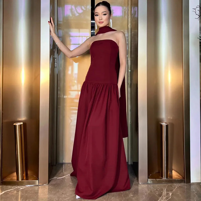 Aiertu  -  Sexy Strapless Ribbon Dress Women's Back Lace Up Spliced Long Evening Party Dress Slim Solid High Waist Elegant Clothes Aiertu