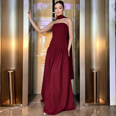 Aiertu  -  Sexy Strapless Ribbon Dress Women's Back Lace Up Spliced Long Evening Party Dress Slim Solid High Waist Elegant Clothes Aiertu