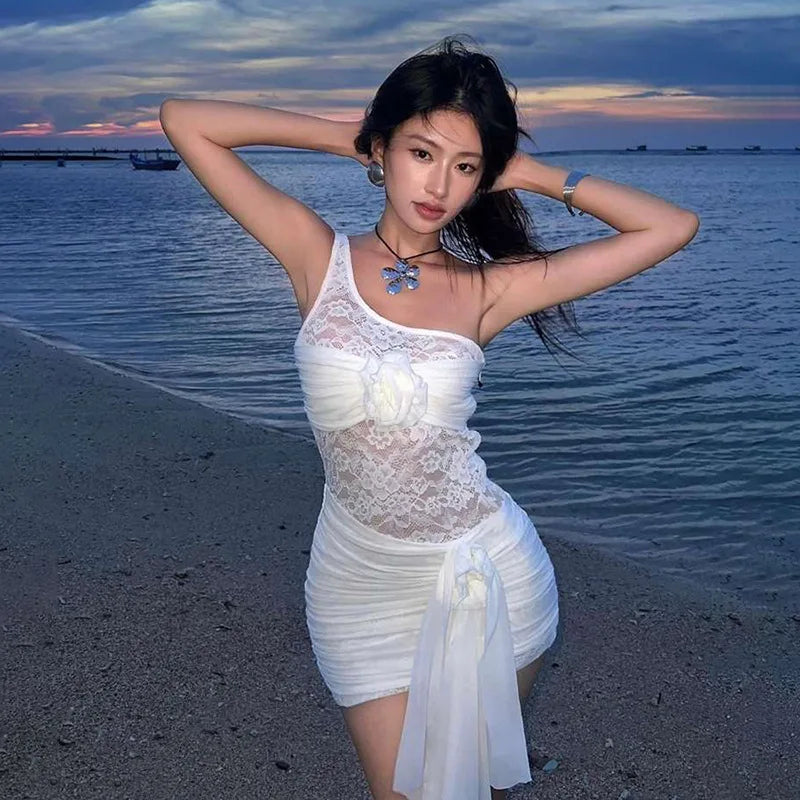 Aiertu  -  Lace Hollow Out Single Shoulder Dress For Women Solid Color Fold 3D Flower Lace Up Summer Party New Wrap Buttocks Dress Aiertu
