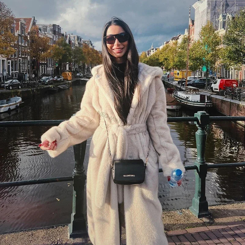 Aiertu  -  casual winter outfits Belted Faux Mink Fur Coat Women 2024 Winter Beige Gradient Furry Fur Jacket Luxury Brand Hooded Warm Outerwear Overcoat Aiertu