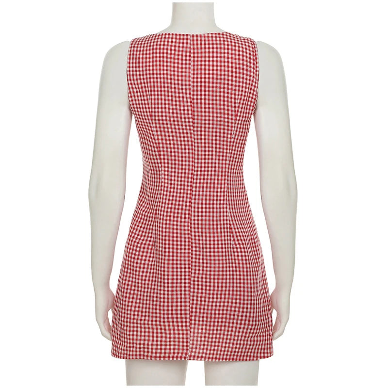 Aiertu  -  Round Neck Sleeveless Plaid Dress Woman Single Breasted Patchwork A-Line Short Dresses Casual Slim Women's Versatile Mini Dress Aiertu