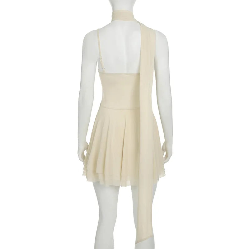 Aiertu  -  Vacation Sexy Halter Mini Dress For Women Elegant Pile Collar Irregular Fold Dress With Sacrf High Waist Slim Lady Dress Aiertu