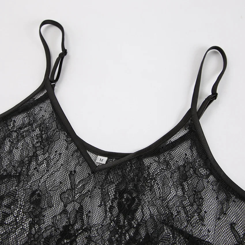 Aiertu  -  Lace Jacquard Sheer Tank Top Women V Neck Sleeveless Transparent Sleeveless Crop Tops Sexy Fashion Black Mesh Smock Camis New Aiertu