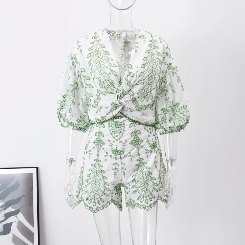 Aiertu  -  Embroidery Puff Sleeve Top Shorts Women 2 Piece Sets V-neck Hollow Out Blouse Female Home Suit Wave Hem Short Set Sleepwear Aiertu