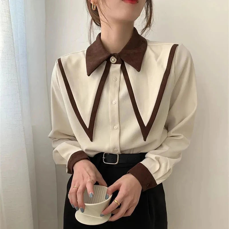 Aiertu Vintage Elegant Shirts Women Chiffon Patchwork Ruffle Turn Down Collar Long Sleeve Blouse Korean Office Lady Loose Tops Aiertu
