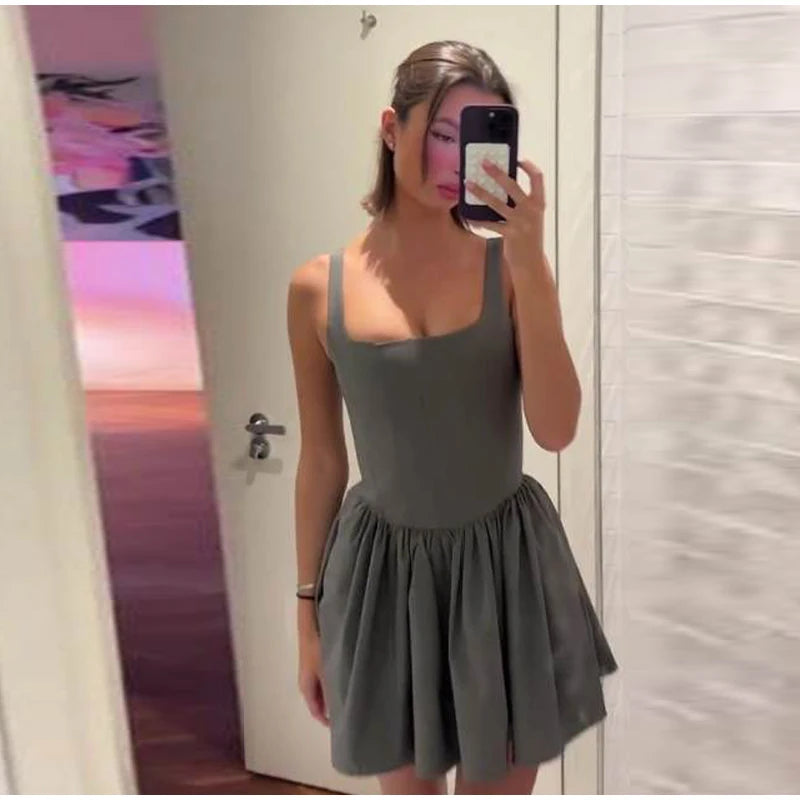 Aiertu  -  Elgant Sling Mini Dress Women Sexy Slim Square Neck Puffy Robe Female 2024 Fashion Solid Sleeveless A Line Party Dresses Lady Aiertu