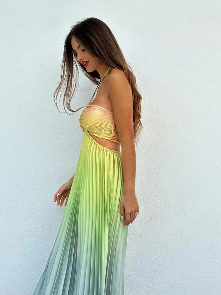 Aiertu  -  New Summer Gradient Halter Pleated Long Dress Sexy Off Shoulder Backless Wrap Chest Sundress Women's Beach Vacation Dress Aiertu