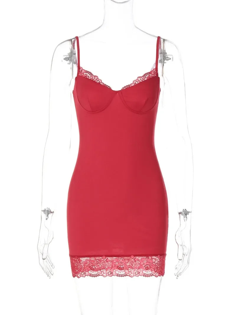 Aiertu  -  Fashion Spaghetti Strap Red Dress Streetwear 2026 Summer Women's Chic V-neck Lace Patchwork Mini Party Dresses Night Club Outfit Aiertu