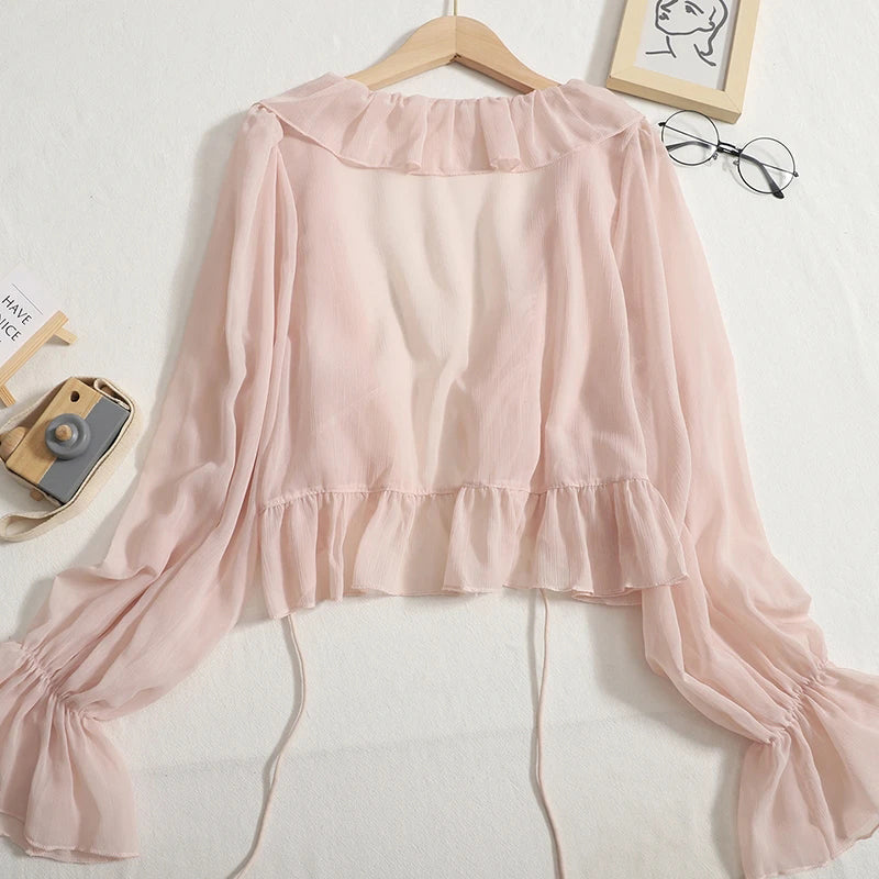 Aiertu Ruffles Chiffon Sun Protection Shirt Women Solid Lace Up Flare Sleeve Sunscreen Blouses Cardigan Loose Casual Thin Tops Aiertu