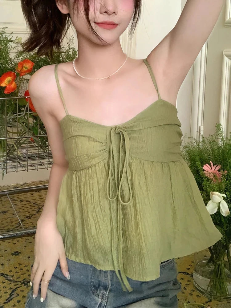 Aiertu  -  Women's Bow Tie Chiffon Suspender Vest Summer New Korean Version Sweet Loose Fitting Women Fashionable Off Shoulder Short Top Aiertu