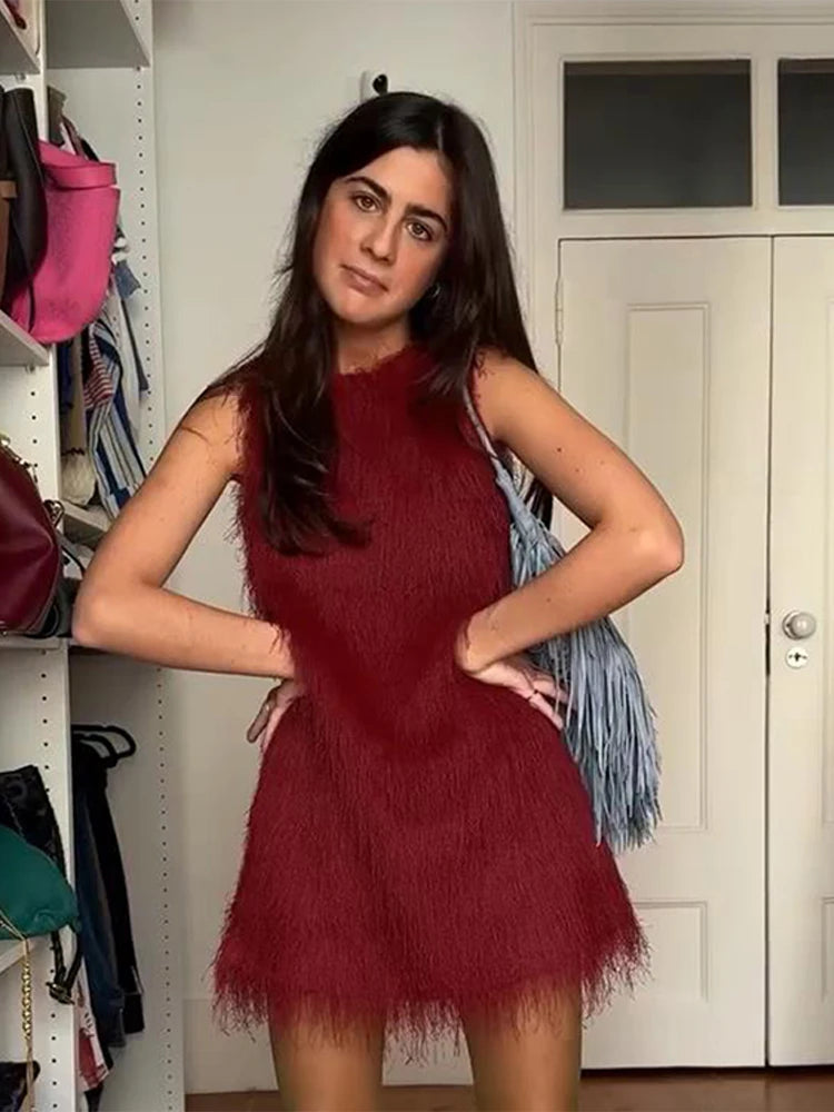 Aiertu  -  Vintage Fluffy Women Short Dress Fashion O Neck Sleeveless Slim Female Mini Dress 2025 Spring New Lady Club Party Tank Vestidos Aiertu