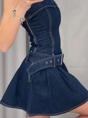 Aiertu  -  Sexy Women's Denim Mini Dress Adjustable Belt Strapless Ruffle Hem Dresses Lady Summer New Casual Party Club Wear 2025 Aiertu