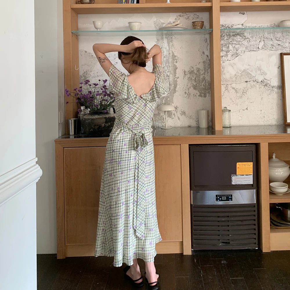 Aiertu  Sweet Long Floral Plaid Summer Chiffon Dress Women Sashes Flying Sleeve A-line Midi Sundress Female Woman Clothes 2025 Aiertu